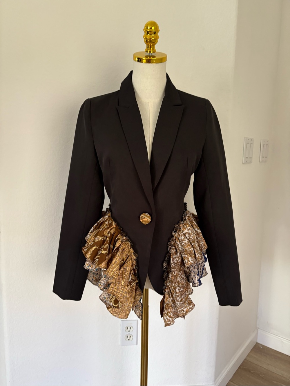Black Women's Tailored Blazer with Gold Paisley Ruffle Accents